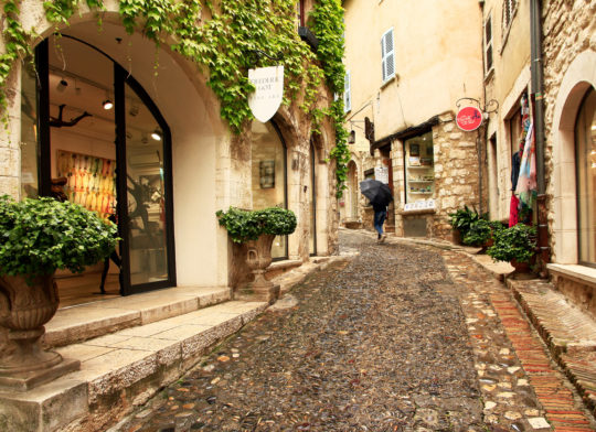 France, Provence, Saint Paul - De Vence - May 27, 2019: picturesque ancient street in the historic district of the village. The village arose at the turn of the VIII century.