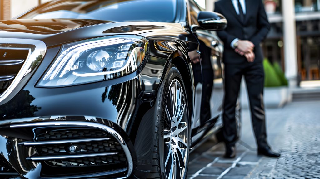 Professional driver near luxury car, closeup. Chauffeur service chauffeur privé de Ag Drive service debout à coté de sa berline.